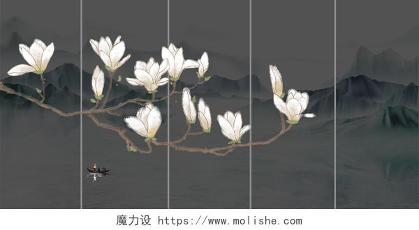 蓝色白色窗户水墨山水中国风花朵简约中式展板背景中式背景